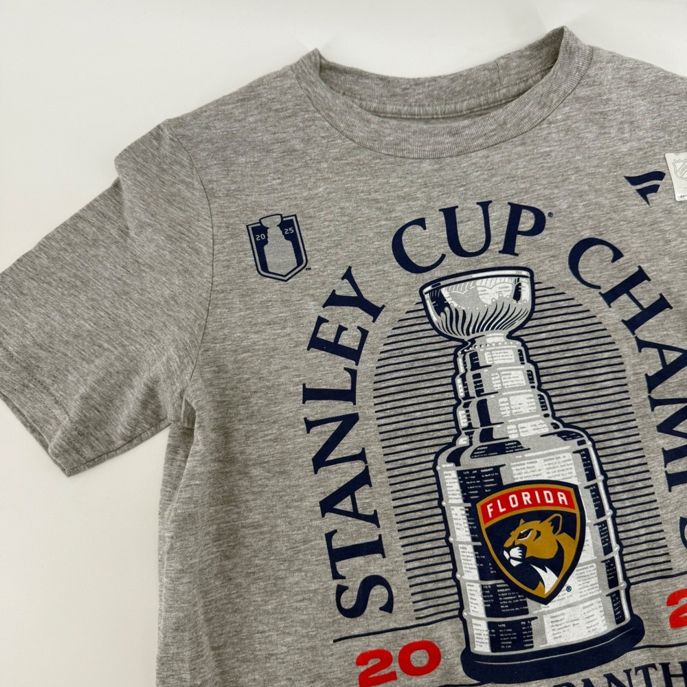 Kids Florida Panthers Stanley Cup Champs T Shirt Gray Size LG 14 16 NHL Hockey